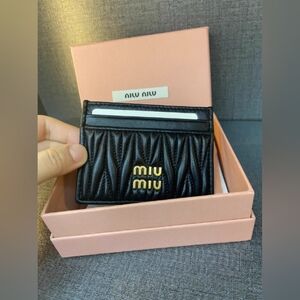 Miu Miu Quilted Black Sheepskin Card Holder with Gold Logo
